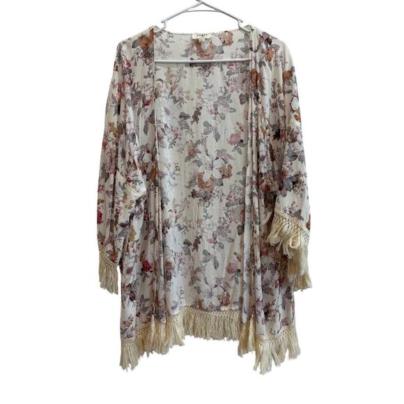 Umgee Women M/L Floral Fringe Open Front Kimono Boho Lagenlook - Picture 1 of 8